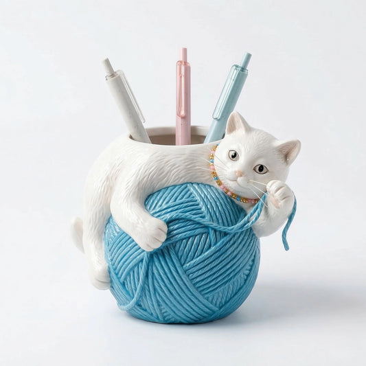 Colria White Cat & Blue Yarn Ball Pen Holder Cup