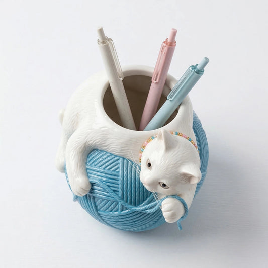 Colria White Cat & Blue Yarn Ball Pen Holder Cup