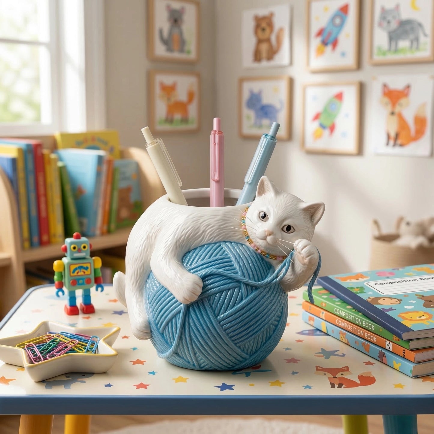 Colria White Cat & Blue Yarn Ball Pen Holder Cup